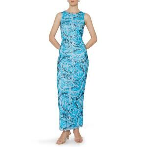 Something New Serena Print Sleeveless Mesh Maxi Dress Malibu Blue Aop Violeta XS